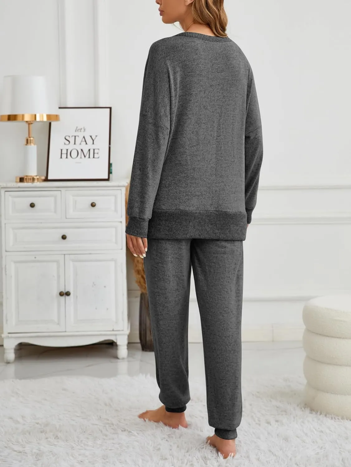 Famulily Women's 2 Piece Long Sleeve Side Split Ribbed Sweatshirt with Elastic Cuff Jogger Loose Lounge Sets