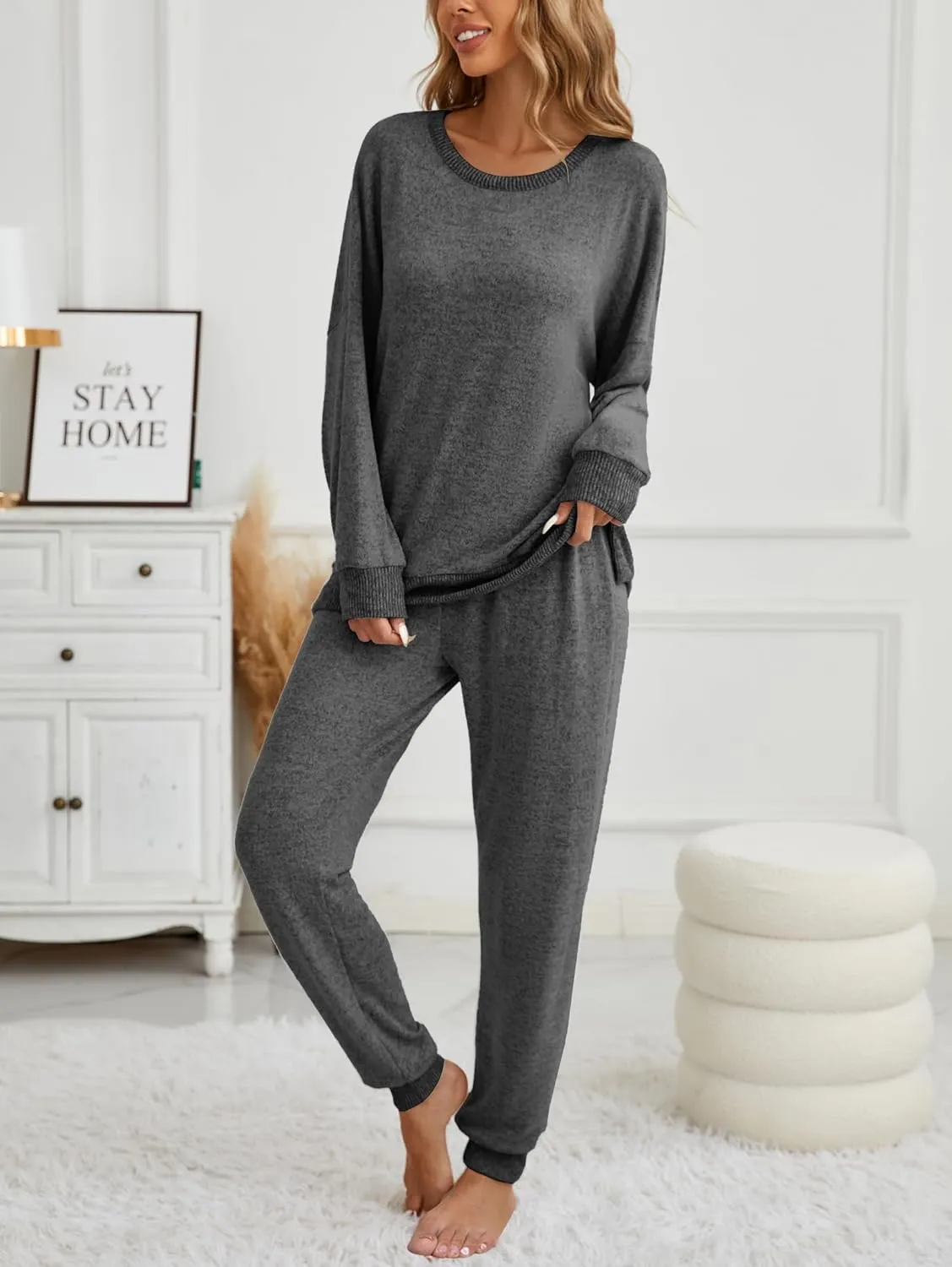 Famulily Women's 2 Piece Long Sleeve Side Split Ribbed Sweatshirt with Elastic Cuff Jogger Loose Lounge Sets