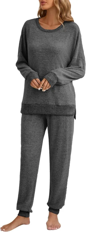 Famulily Women's 2 Piece Long Sleeve Side Split Ribbed Sweatshirt with Elastic Cuff Jogger Loose Lounge Sets