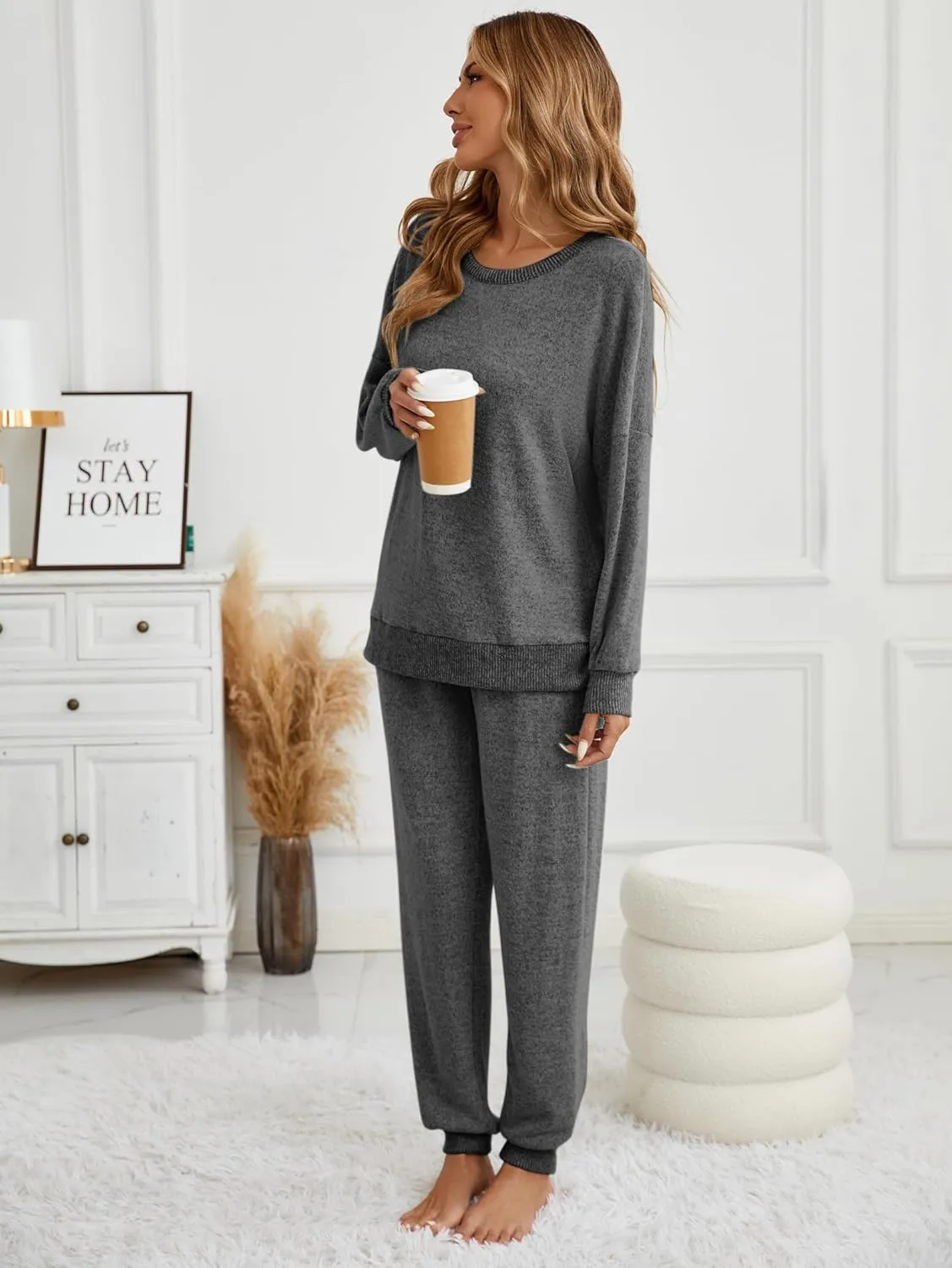 Famulily Women's 2 Piece Long Sleeve Side Split Ribbed Sweatshirt with Elastic Cuff Jogger Loose Lounge Sets