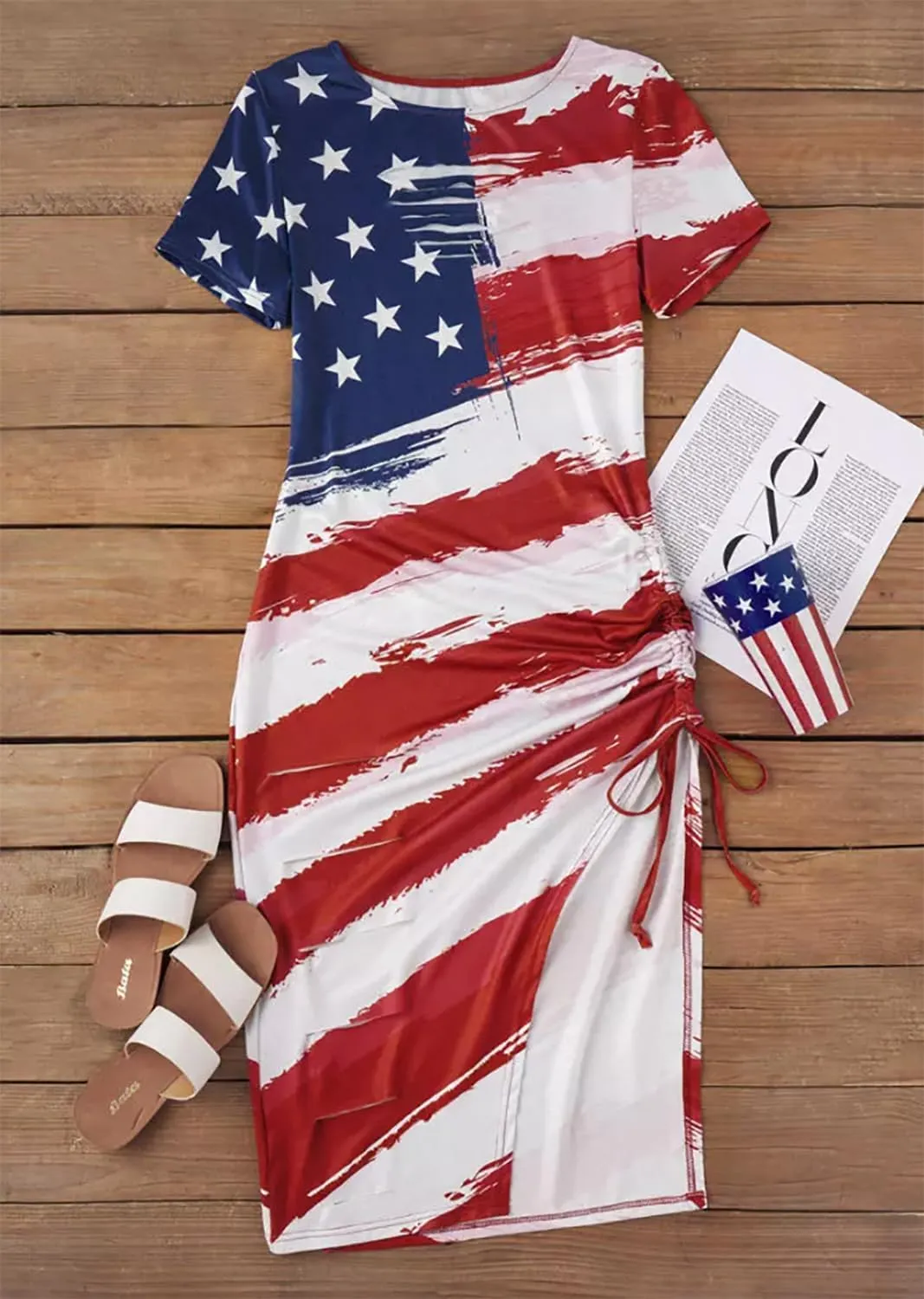 FECAFO Cut Out Hollow Out Ruched Slit Bodycon Dress for Women Sexy Side Slit Drawstring Club Party Short Sleeve Midi Dresses