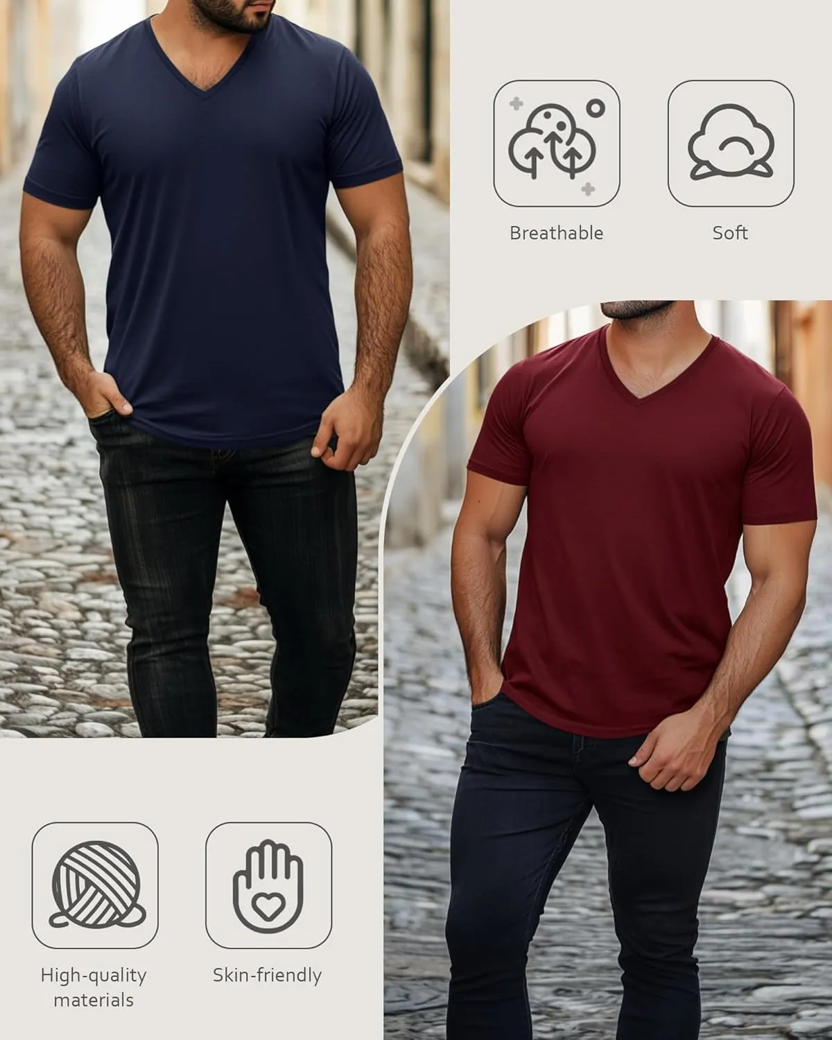 Ficerd 3 Pack Men's V Neck 95% Cotton T-Shirts M-7xl Big Tall Regular Soft Short Sleeve Basic 2025 Summer Clothes