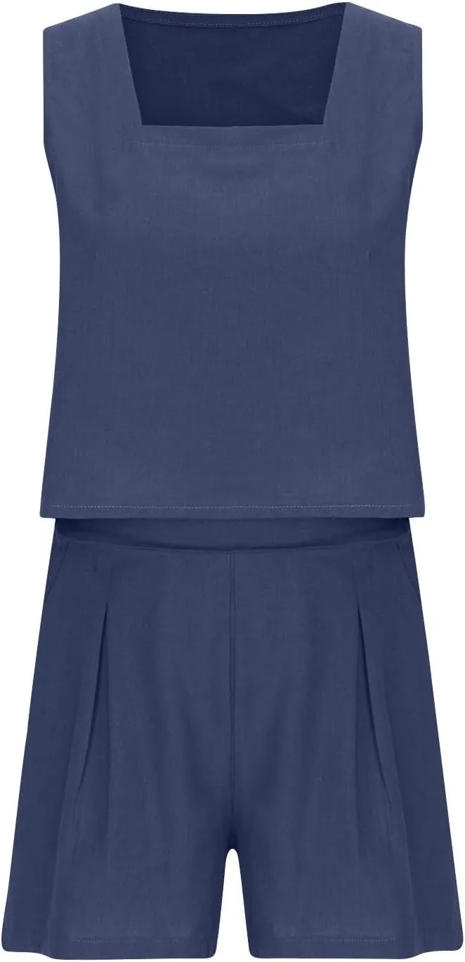 Firzero 2024 Two Piece Sets for Women Summer Linen 2 Piece Outfits Sleeveless Crop Top High Waist Shorts Set with Pockets