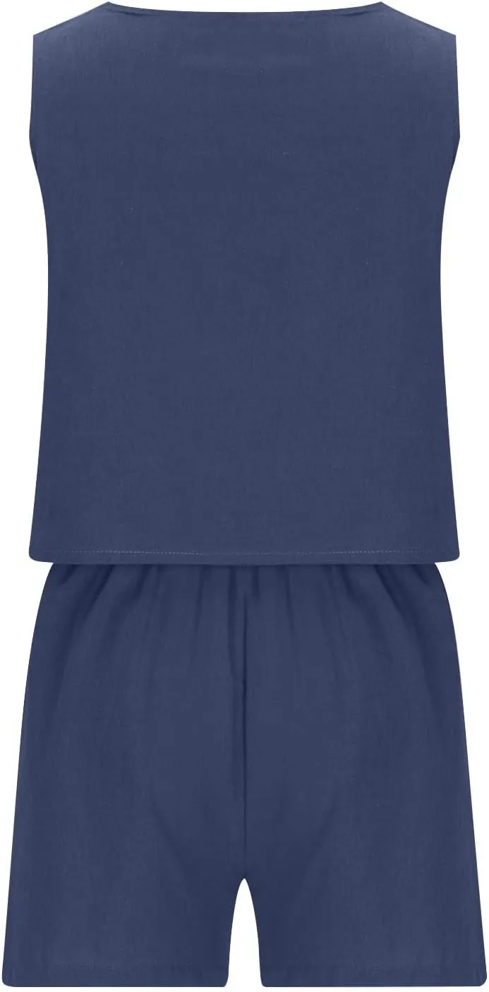 Firzero 2024 Two Piece Sets for Women Summer Linen 2 Piece Outfits Sleeveless Crop Top High Waist Shorts Set with Pockets