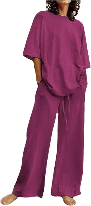Firzero Plus Size Linen Lounge Sets for Women Summer Two Piece Outfits Short Sleeve Tops and Wide Leg Pants Soft Workout Set