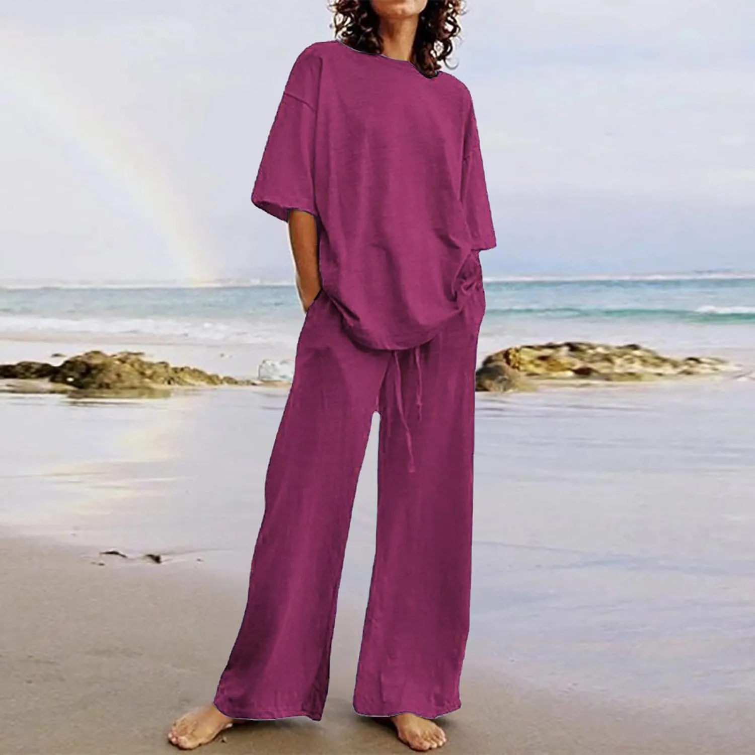 Firzero Plus Size Linen Lounge Sets for Women Summer Two Piece Outfits Short Sleeve Tops and Wide Leg Pants Soft Workout Set