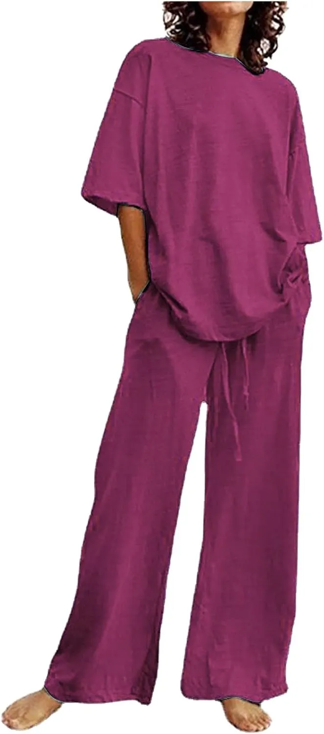 Firzero Plus Size Linen Lounge Sets for Women Summer Two Piece Outfits Short Sleeve Tops and Wide Leg Pants Soft Workout Set