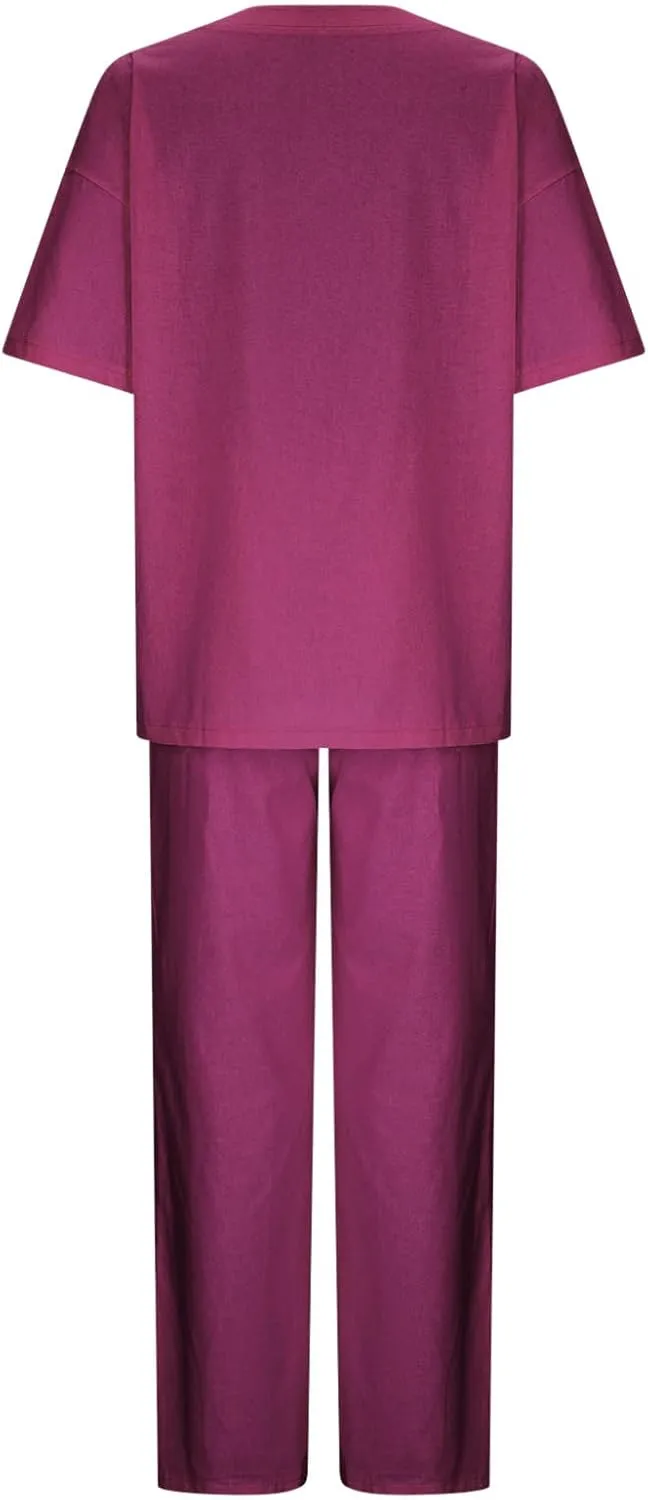 Firzero Plus Size Linen Lounge Sets for Women Summer Two Piece Outfits Short Sleeve Tops and Wide Leg Pants Soft Workout Set
