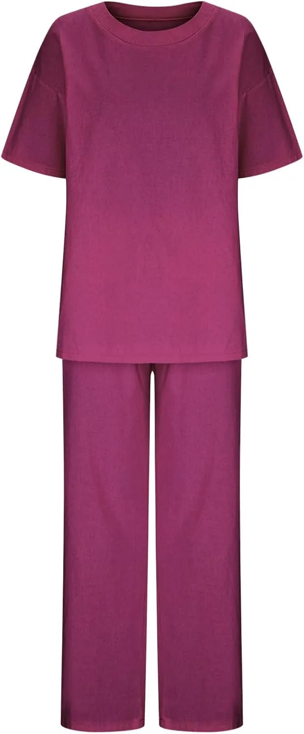 Firzero Plus Size Linen Lounge Sets for Women Summer Two Piece Outfits Short Sleeve Tops and Wide Leg Pants Soft Workout Set