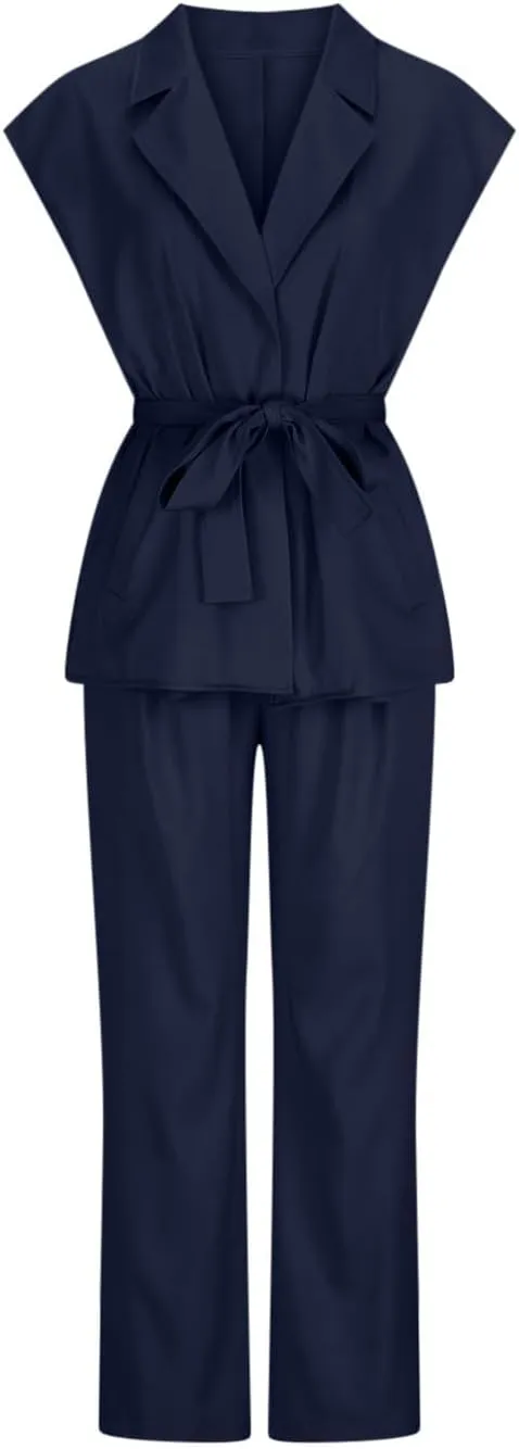 Firzero Women 2 Piece 2024 Summer Casual Outfits V Neck Sleeveless Tops and Wide Leg Pants Lace up Vacation Lounge Set