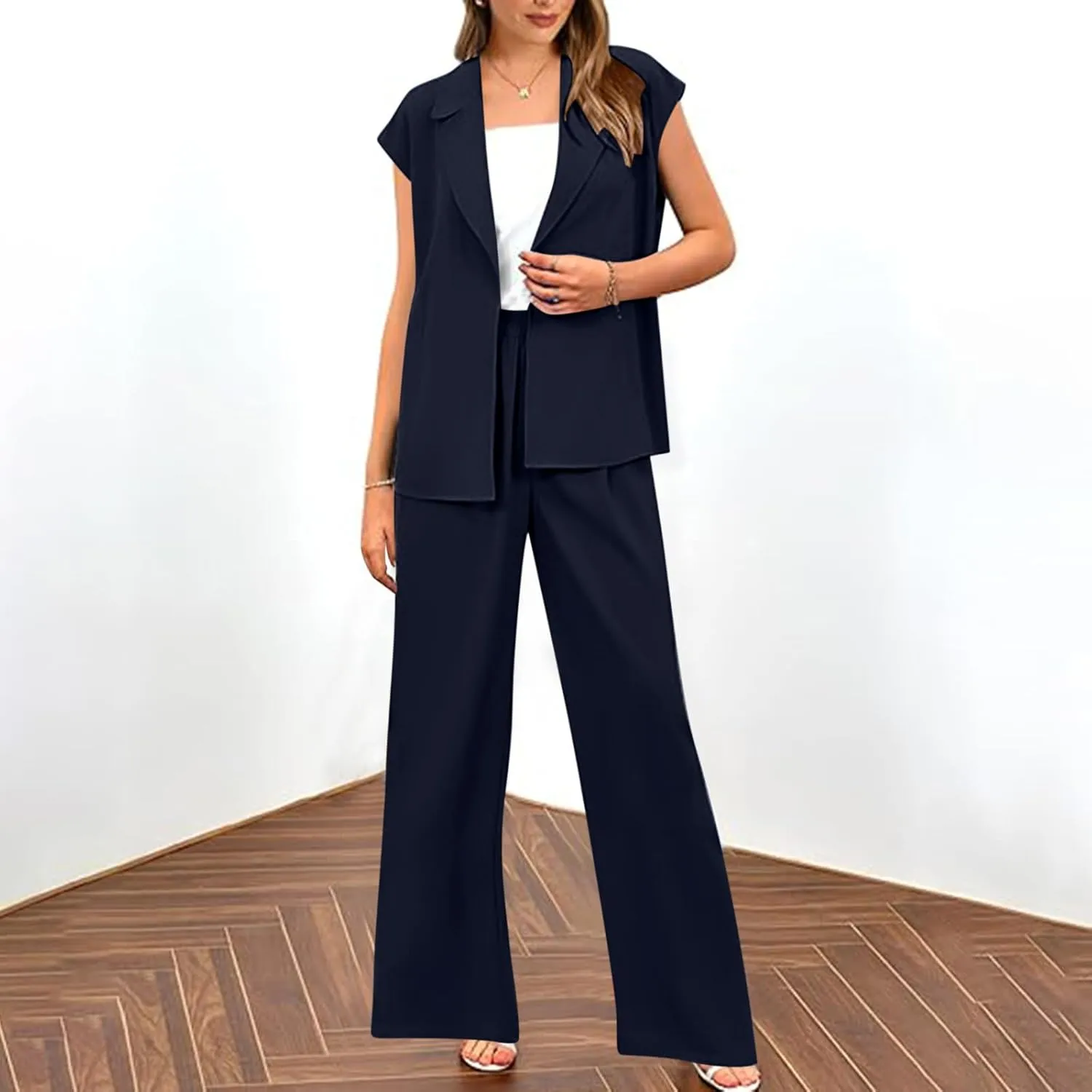 Firzero Women 2 Piece 2024 Summer Casual Outfits V Neck Sleeveless Tops and Wide Leg Pants Lace up Vacation Lounge Set
