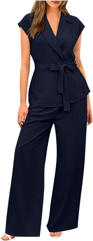 Firzero Women 2 Piece 2024 Summer Casual Outfits V Neck Sleeveless Tops and Wide Leg Pants Lace up Vacation Lounge Set