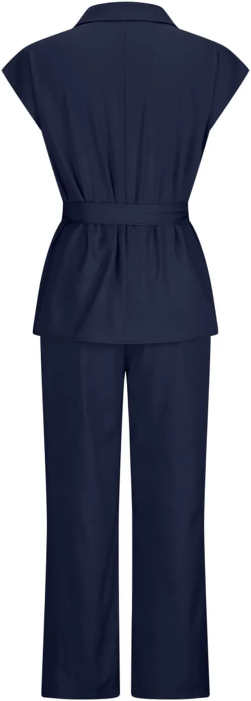 Firzero Women 2 Piece 2024 Summer Casual Outfits V Neck Sleeveless Tops and Wide Leg Pants Lace up Vacation Lounge Set