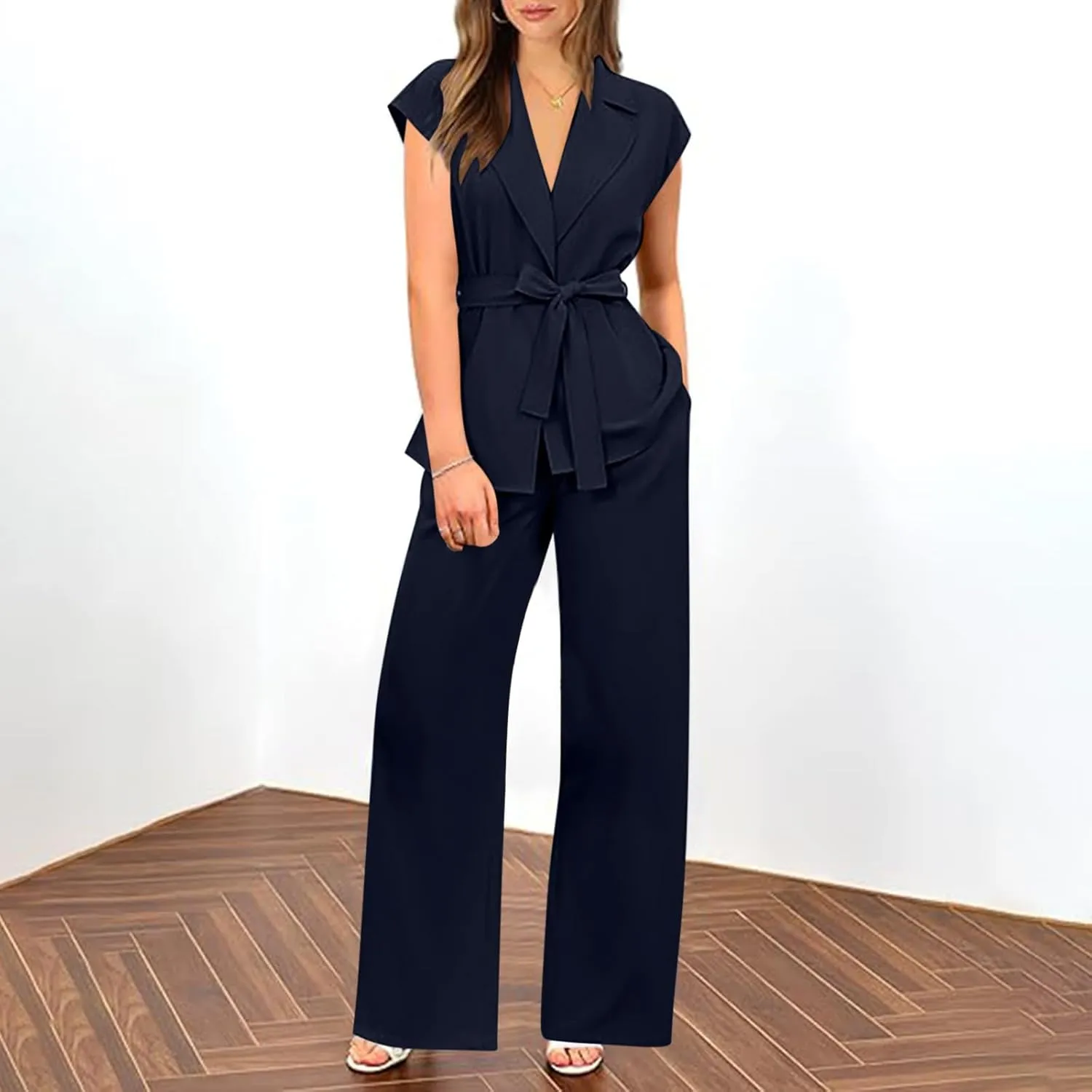 Firzero Women 2 Piece 2024 Summer Casual Outfits V Neck Sleeveless Tops and Wide Leg Pants Lace up Vacation Lounge Set