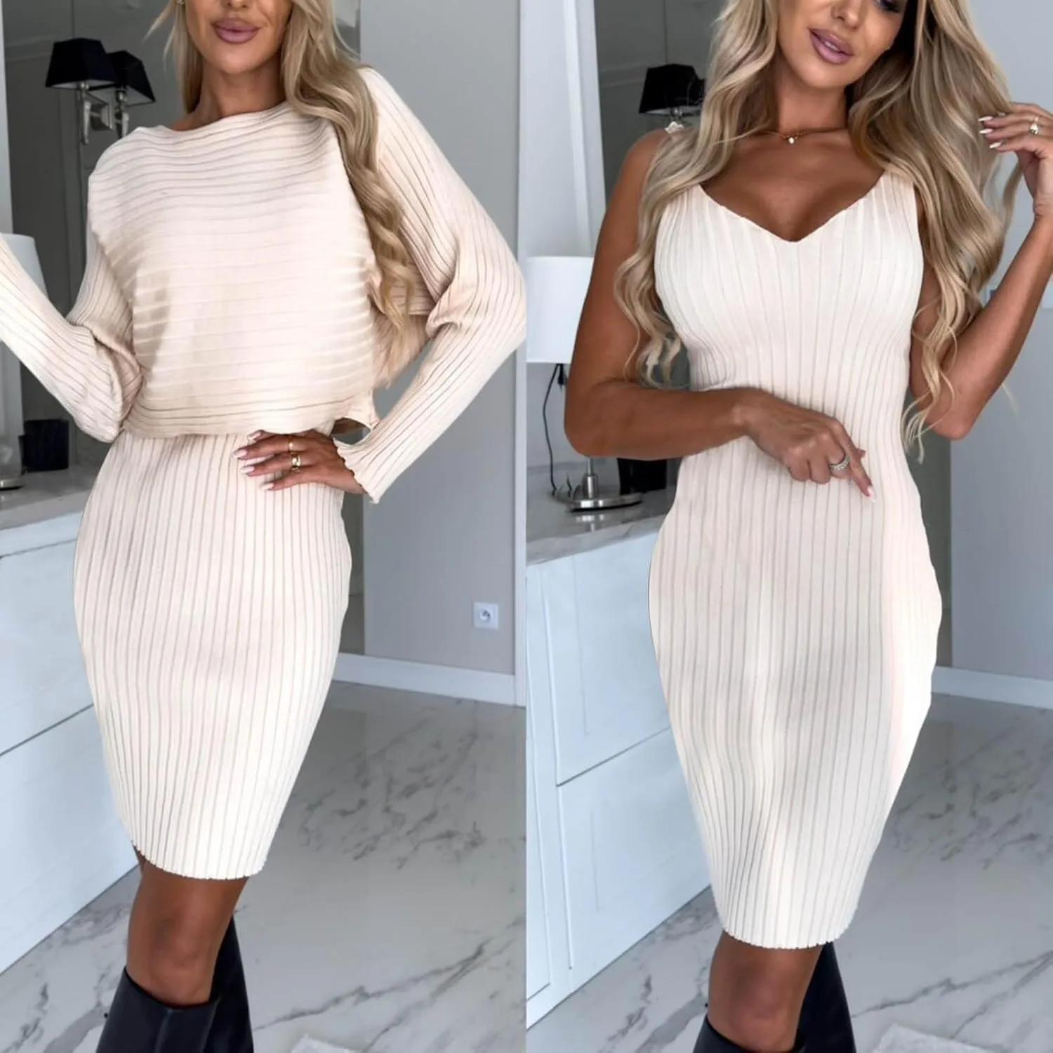 Firzero Women's 2 Piece Outfits Long Sleeve Turtleneck Cropped Sweaters Top and Bodycon Midi Dress Ribbed Knit Sweater Dress