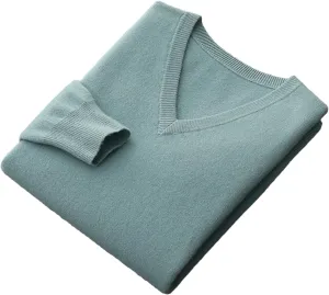 Fjnbbiot Men Long Sleeve Sweater Autumn Winter V-Neck Basic Pullovers Merino Wool Solid Casual Cashmere Knitwear