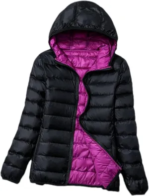 Fjnbbiot Women Winter Jackets Autumn Winter Reversible Hooded Windproof White Duck Down Coats Ultra Light Portable Puffer Parkas Black 3XL