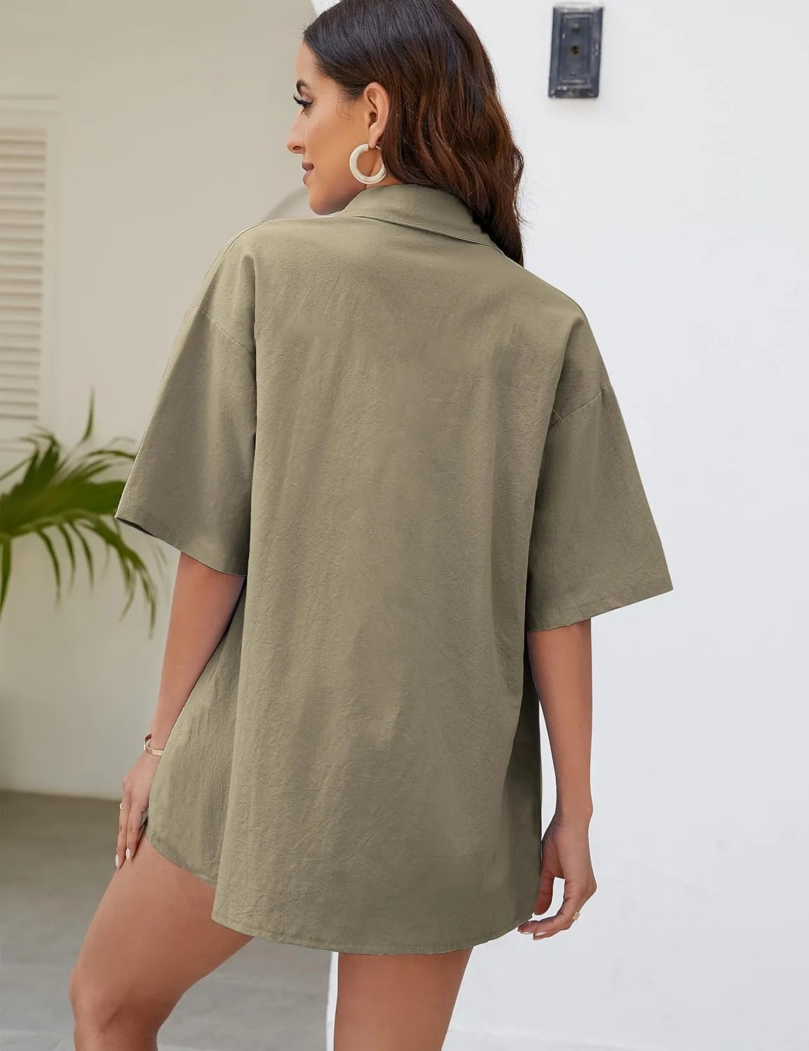 Flygo Womens Casual 2 Piece Outfits Cotton Linen Sets Tracksuit Button Down Shirt Top Shorts Lounge Set
