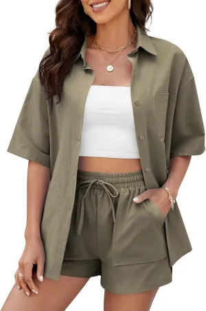 Flygo Womens Casual 2 Piece Outfits Cotton Linen Sets Tracksuit Button Down Shirt Top Shorts Lounge Set