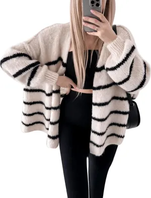 Flygo Women's Oversized Striped Cardigan Sweater Chunky Knit Drop Shoulder Balloon Sleeve Open Front Cardigans Sweaters