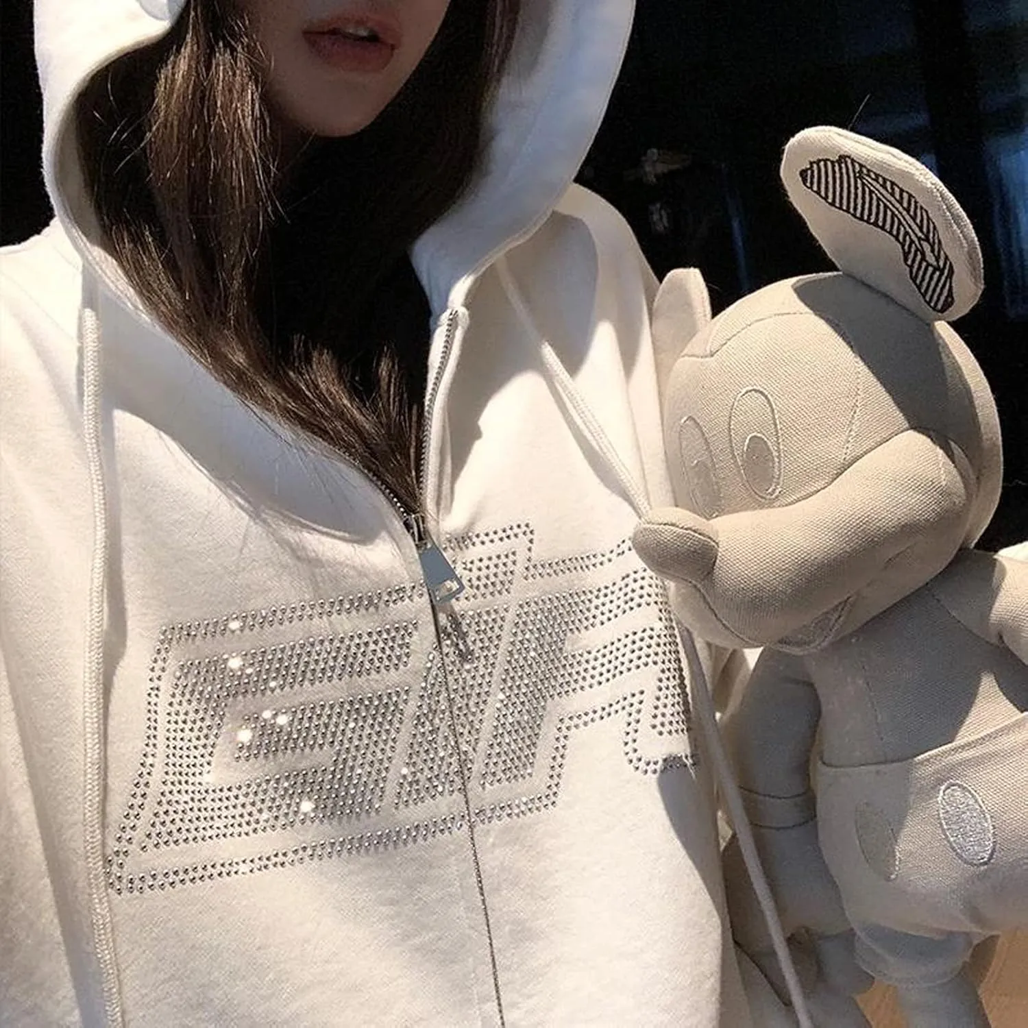 FOMOYUU Women Oversized Zip Up Hoodie Vintage Graphic Print Long Sleeve Hooded Sweatshirt Goth Punk Pullover Jacket Coat
