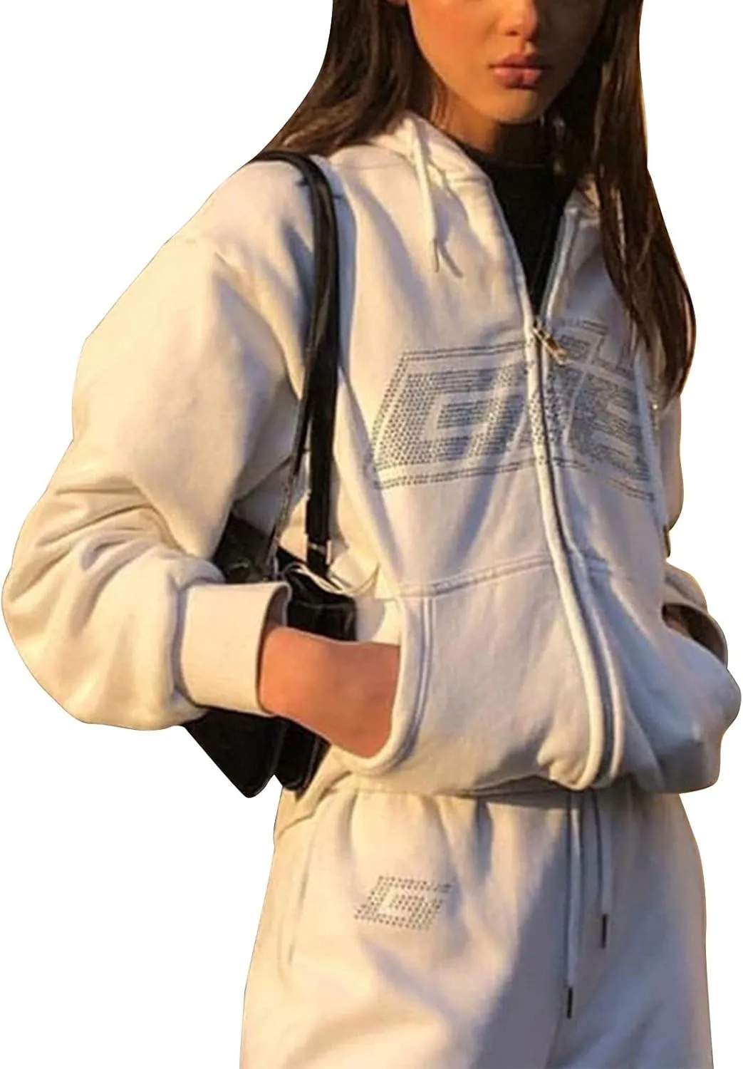 FOMOYUU Women Oversized Zip Up Hoodie Vintage Graphic Print Long Sleeve Hooded Sweatshirt Goth Punk Pullover Jacket Coat