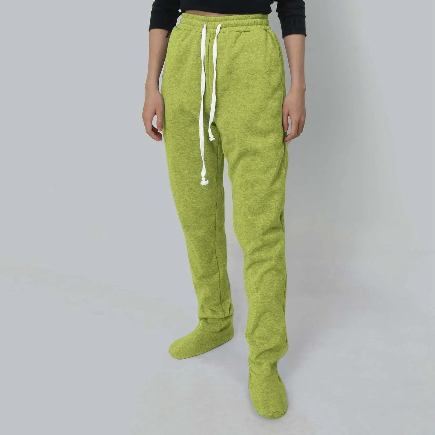 Footed Pajamas For Women Fleece Lined Drawstring Sweatpants With Feet Winter Warm Elastic Waist Sleepwear With Pockets