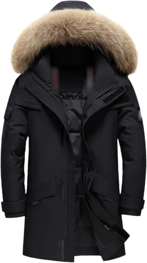 Fur Collar Men's Down Jacket Hooded Warm Winter Coat Warm 90% White Duck Down Long Parka