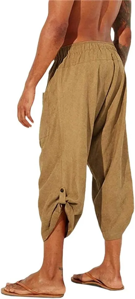 Gafeng Mens Linen Harem Capri Pants Drawstring 3/4 Shorts Casual Beach Yoga Hippie Thai Pants