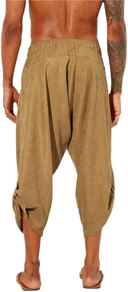 Gafeng Mens Linen Harem Capri Pants Drawstring 3/4 Shorts Casual Beach Yoga Hippie Thai Pants