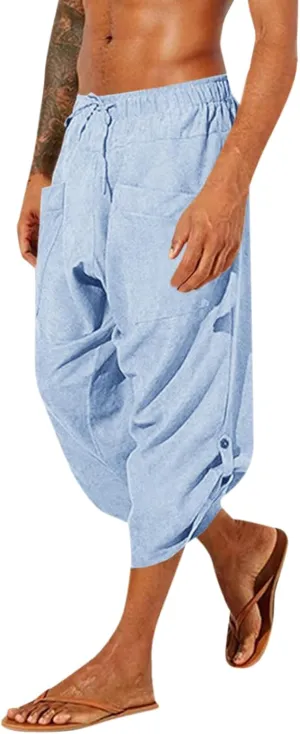 Gafeng Mens Linen Harem Capri Pants Drawstring 3/4 Shorts Casual Beach Yoga Hippie Thai Pants
