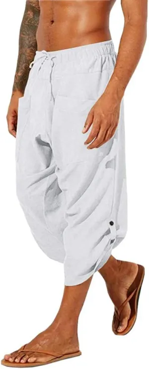 Gafeng Mens Linen Harem Capri Pants Drawstring 3/4 Shorts Casual Beach Yoga Hippie Thai Pants
