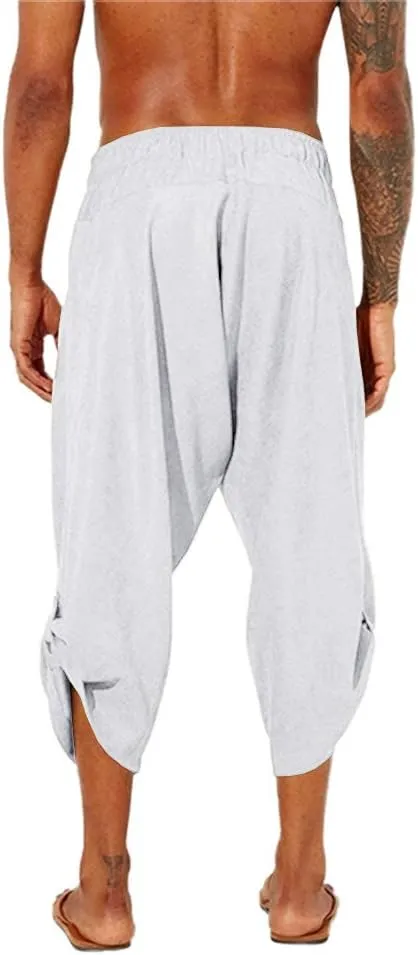 Gafeng Mens Linen Harem Capri Pants Drawstring 3/4 Shorts Casual Beach Yoga Hippie Thai Pants