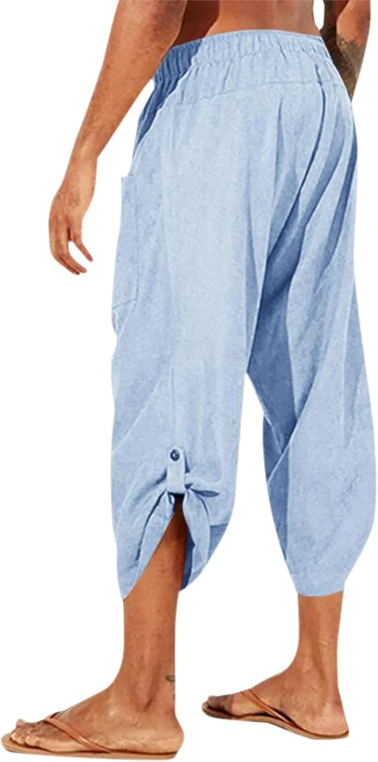 Gafeng Mens Linen Harem Capri Pants Drawstring 3/4 Shorts Casual Beach Yoga Hippie Thai Pants