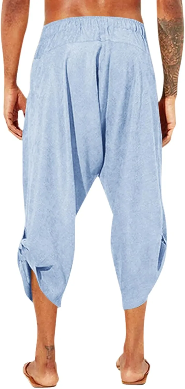 Gafeng Mens Linen Harem Capri Pants Drawstring 3/4 Shorts Casual Beach Yoga Hippie Thai Pants