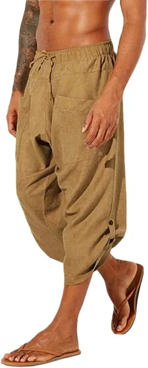 Gafeng Mens Linen Harem Capri Pants Drawstring 3/4 Shorts Casual Beach Yoga Hippie Thai Pants
