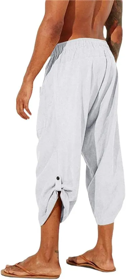 Gafeng Mens Linen Harem Capri Pants Drawstring 3/4 Shorts Casual Beach Yoga Hippie Thai Pants