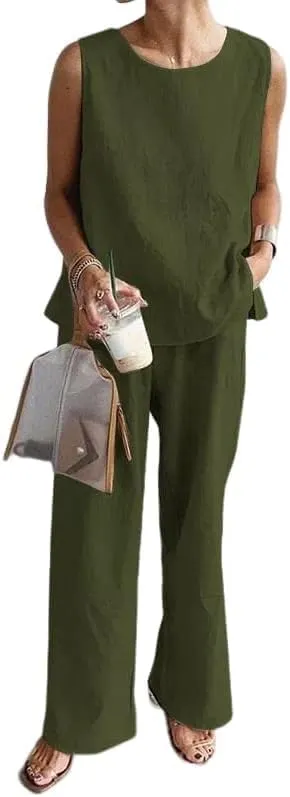 Geleglaer Womens 2 Piece Solid Color Sweatsuits Sets Linen Sleeveless Casual Crop Top and Palazzo Pants Suits with Pocket