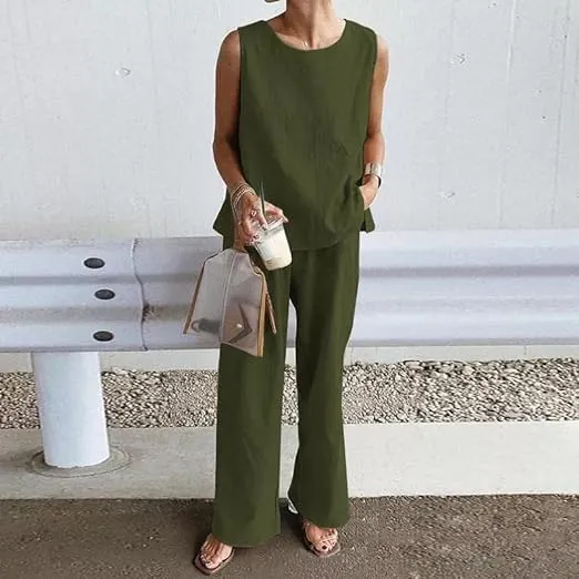 Geleglaer Womens 2 Piece Solid Color Sweatsuits Sets Linen Sleeveless Casual Crop Top and Palazzo Pants Suits with Pocket