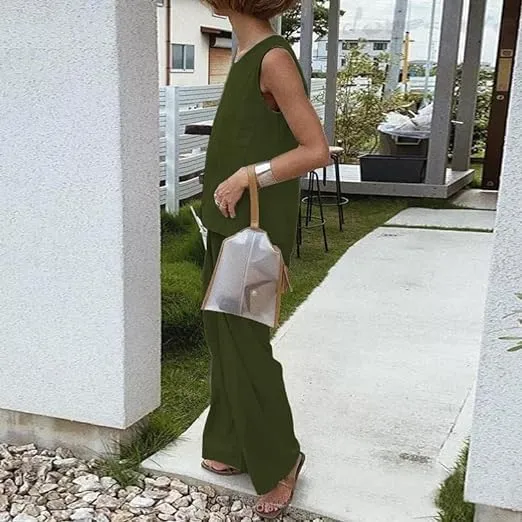 Geleglaer Womens 2 Piece Solid Color Sweatsuits Sets Linen Sleeveless Casual Crop Top and Palazzo Pants Suits with Pocket