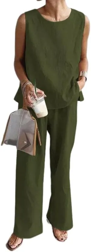 Geleglaer Womens 2 Piece Solid Color Sweatsuits Sets Linen Sleeveless Casual Crop Top and Palazzo Pants Suits with Pocket