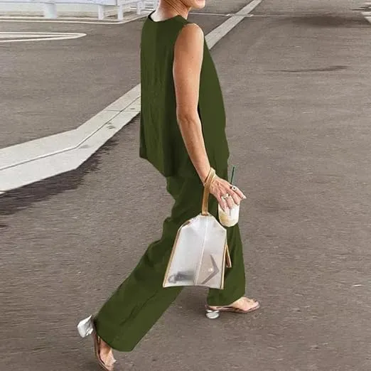 Geleglaer Womens 2 Piece Solid Color Sweatsuits Sets Linen Sleeveless Casual Crop Top and Palazzo Pants Suits with Pocket