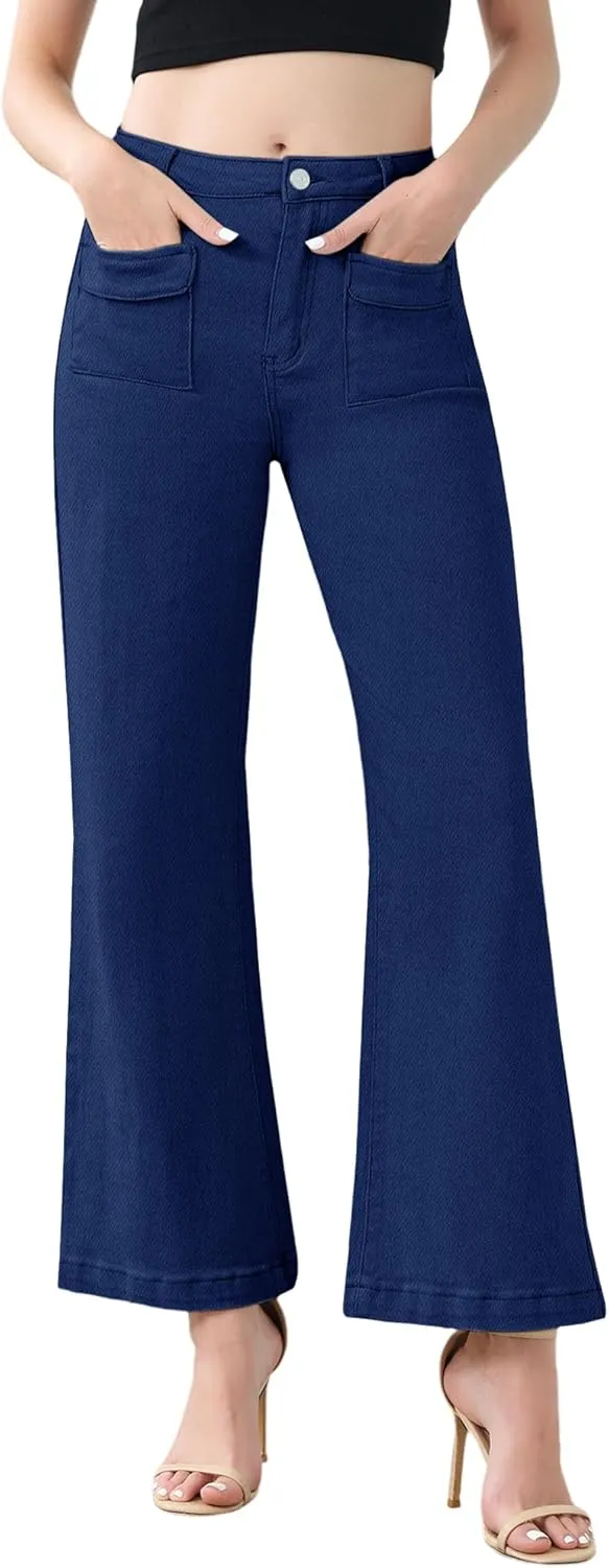 Genleck Wide Leg Jeans for Women Trendy High Waisted Boyfriend Stretchy Straight Cropped Pants with Patch Pockets