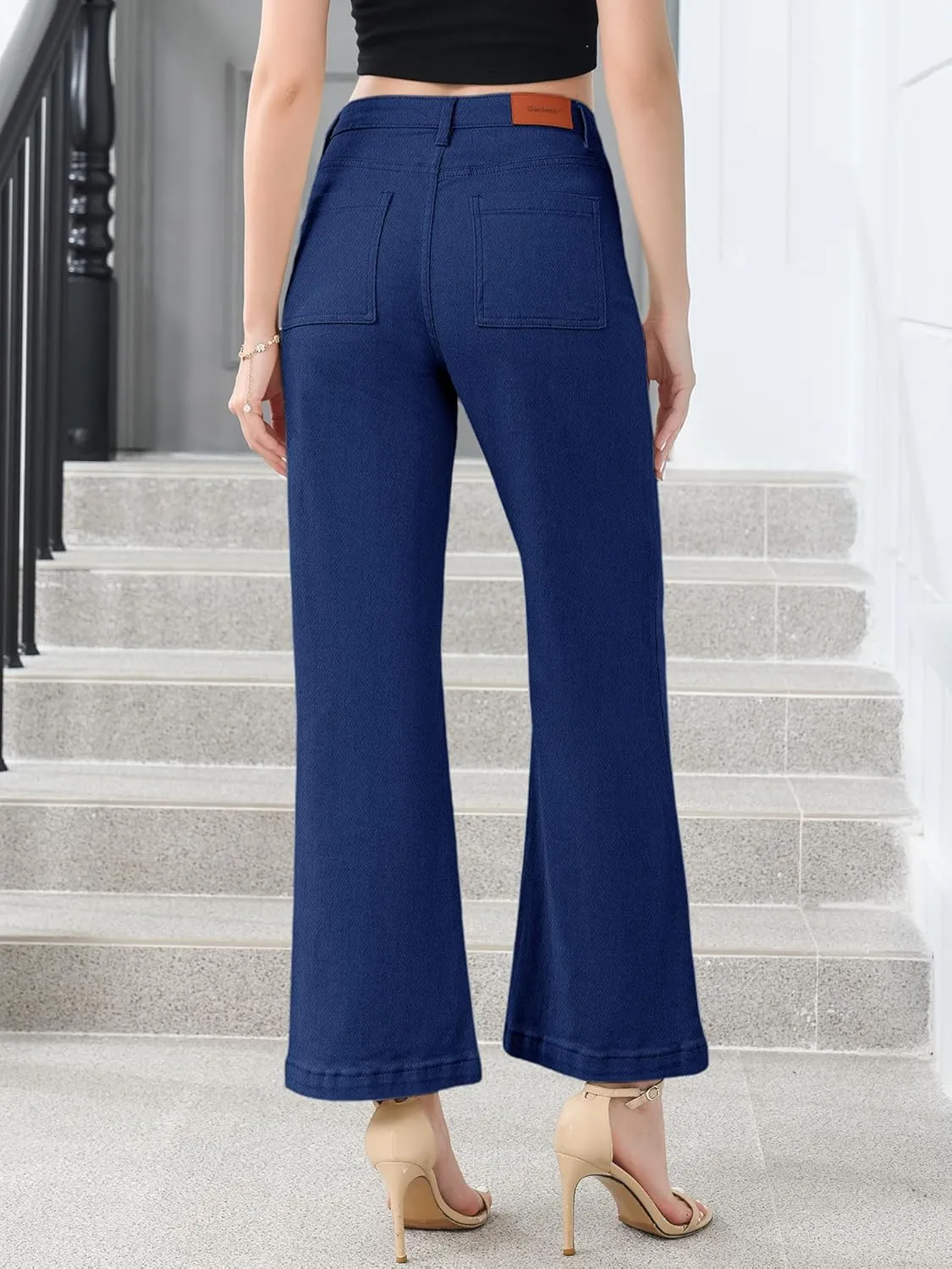 Genleck Wide Leg Jeans for Women Trendy High Waisted Boyfriend Stretchy Straight Cropped Pants with Patch Pockets