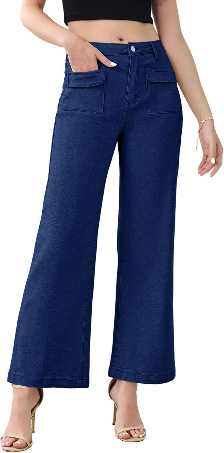 Genleck Wide Leg Jeans for Women Trendy High Waisted Boyfriend Stretchy Straight Cropped Pants with Patch Pockets