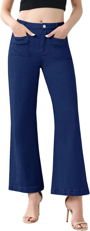Genleck Wide Leg Jeans for Women Trendy High Waisted Boyfriend Stretchy Straight Cropped Pants with Patch Pockets