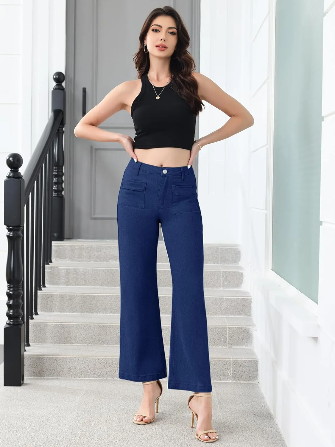 Genleck Wide Leg Jeans for Women Trendy High Waisted Boyfriend Stretchy Straight Cropped Pants with Patch Pockets
