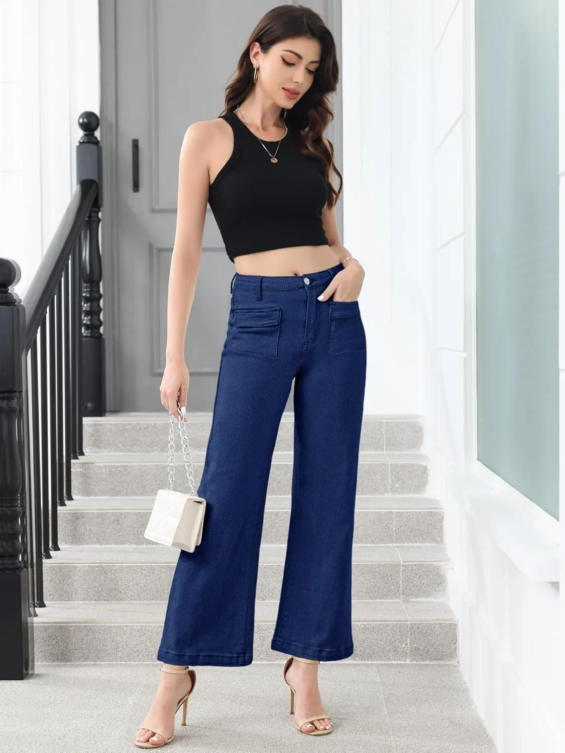 Genleck Wide Leg Jeans for Women Trendy High Waisted Boyfriend Stretchy Straight Cropped Pants with Patch Pockets