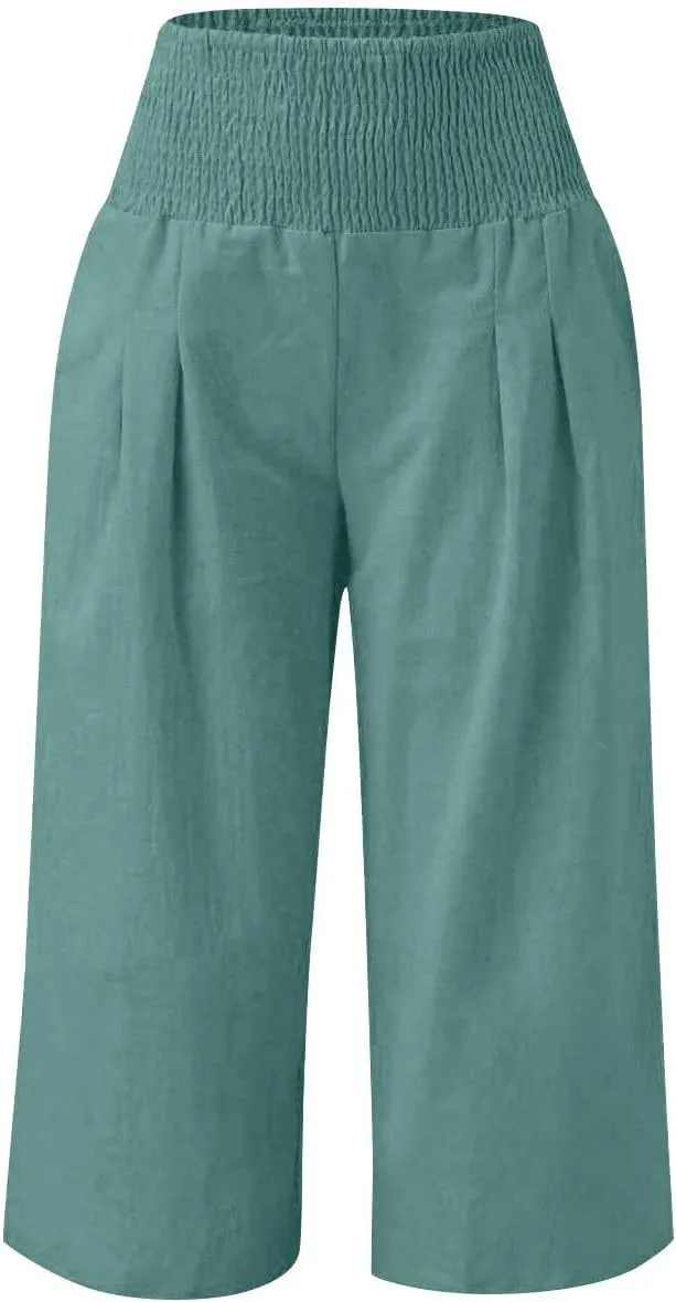Girls Capri Pants Summer Cotton Linen Wide Leg Palazzo Pants Kids High Waisted Casual Yoga Athletic Cropped Trousers