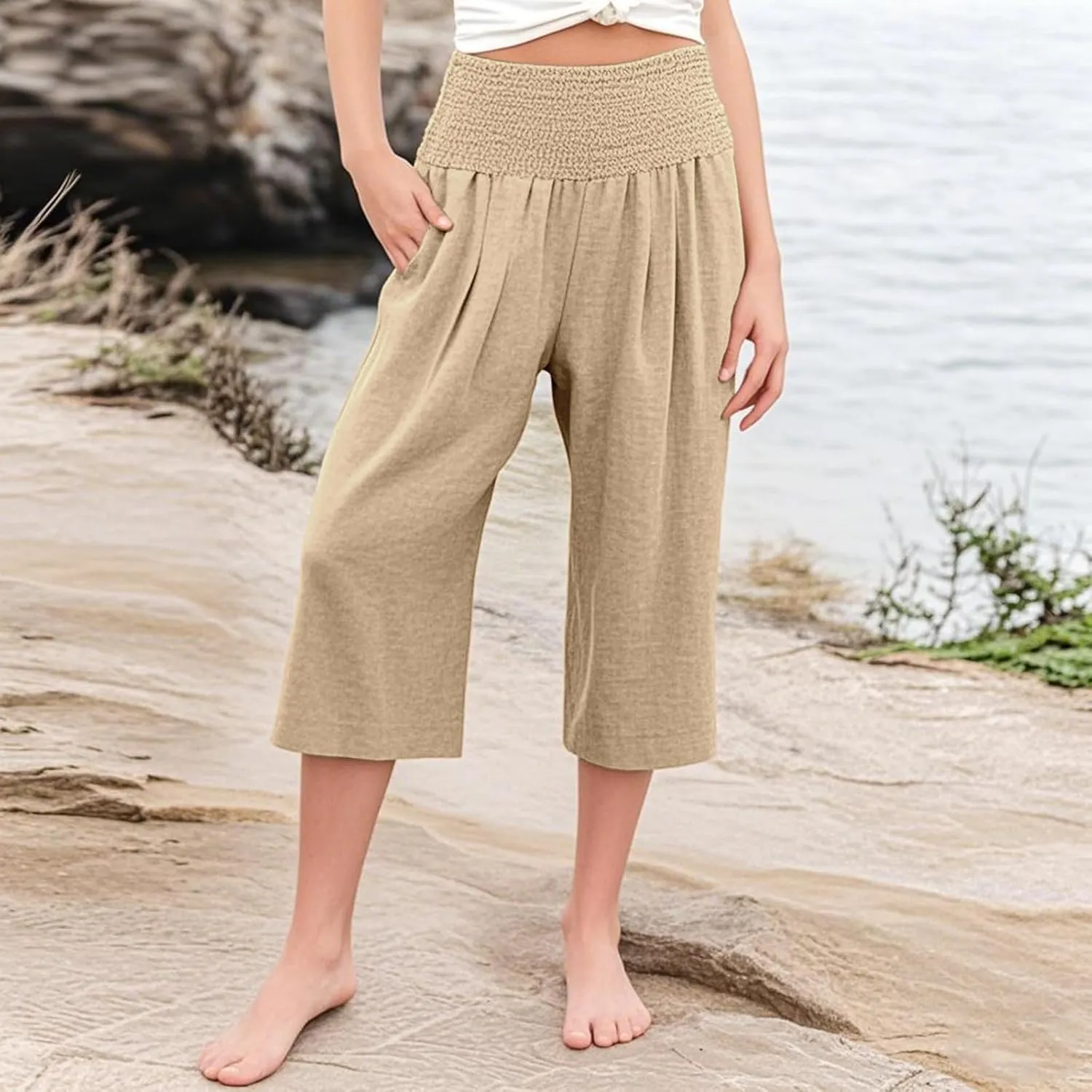 Girls Capri Pants Summer Cotton Linen Wide Leg Palazzo Pants Kids High Waisted Casual Yoga Athletic Cropped Trousers